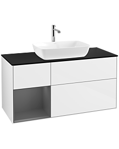 Villeroy und Boch Finion Waschtischunterschrank F822GKGF 120cm, Abdeckplatte black matt, Regale Anthracite matt lacquer, Glossy white lacquer