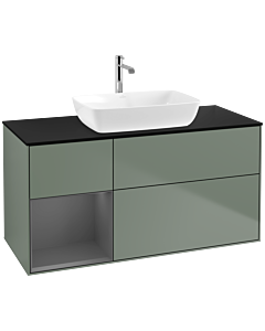 Villeroy und Boch Finion Waschtischunterschrank F822GKGM 120cm, Abdeckplatte black matt, Regale Anthracite matt lacquer, Olive Matt Lacquer