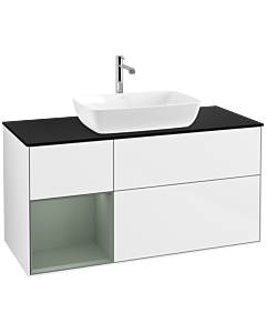 Villeroy und Boch Finion Waschtischunterschrank F822GMGF 120cm, Abdeckplatte black matt, Regale Olive matt lacquer, Glossy white lacquer