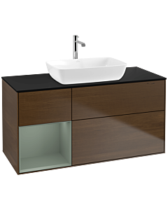 Villeroy und Boch Finion Waschtischunterschrank F822GMGN 120cm, Abdeckplatte black matt, Regale Olive matt lacquer, Walnut veneer