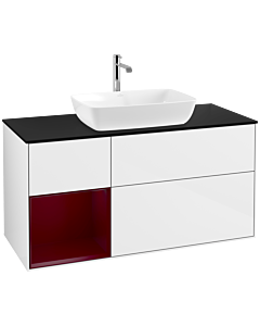 Villeroy und Boch Finion Waschtischunterschrank F822HBGF 120cm, Abdeckplatte black matt, Regale Peony matt lacquer, Glossy white lacquer