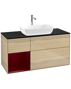 Villeroy und Boch Finion Waschtischunterschrank F822HBPC 120cm, Abdeckplatte black matt, Regale Peony matt lacquer, Oak Veneer