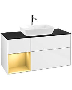 Villeroy und Boch Finion Waschtischunterschrank F822HFGF 120cm, Abdeckplatte black matt, Regale Gold matt lacquer, Glossy white lacquer