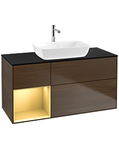 Villeroy und Boch Finion Waschtischunterschrank F822HFGN 120cm, Abdeckplatte black matt, Regale Gold matt lacquer, Walnut veneer