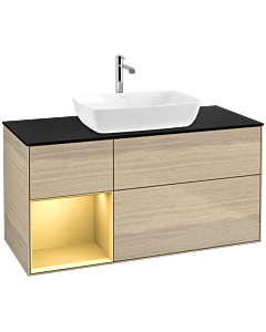 Villeroy und Boch Finion Waschtischunterschrank F822HFPC 120cm, Abdeckplatte black matt, Regale Gold matt lacquer, Oak Veneer
