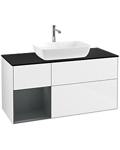 Villeroy und Boch Finion Waschtischunterschrank F822HGGF 120cm, Abdeckplatte black matt, Regale Midnight matt lacquer, Glossy white lacquer