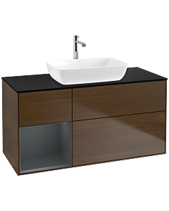 Villeroy und Boch Finion Waschtischunterschrank F822HGGN 120cm, Abdeckplatte black matt, Regale Midnight matt lacquer, Walnut veneer