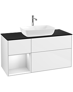 Villeroy und Boch Finion Waschtischunterschrank F822MTGF 120cm, Abdeckplatte black matt, Regale White matt lacquer, Glossy white lacquer
