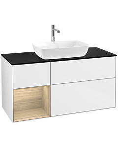Villeroy und Boch Finion Waschtischunterschrank F822PCGF 120cm, Abdeckplatte black matt, Regale Oak Veneer, Glossy white lacquer