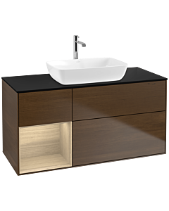 Villeroy und Boch Finion Waschtischunterschrank F822PCGN 120cm, Abdeckplatte black matt, Regale Oak Veneer, Walnut veneer