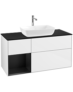 Villeroy und Boch Finion Waschtischunterschrank F822PDGF 120cm, Abdeckplatte black matt, Regale Black matt lacquer, Glossy white lacquer