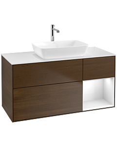 Villeroy und Boch Finion Waschtischunterschrank F831GFGN 120cm, Abdeckplatte white matt, Regale Glossy white lacquer, Walnut veneer