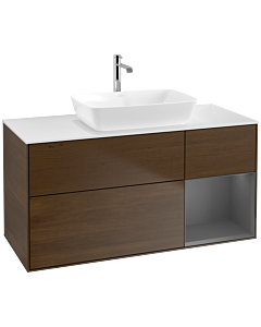 Villeroy und Boch Finion Waschtischunterschrank F831GKGN 120cm, Abdeckplatte white matt, Regale Anthracite matt lacquer, Walnut veneer