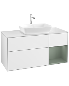 Villeroy und Boch Finion Waschtischunterschrank F831GMGF 120cm, Abdeckplatte white matt, Regale Olive matt lacquer, Glossy white lacquer