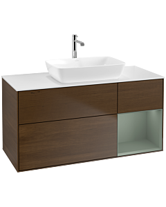 Villeroy und Boch Finion Villeroy und Boch F831GMGN 120cm, plaque de recouvrement blanc mat, étagères laqué mat olive, placage noyer