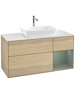 Villeroy und Boch Finion Waschtischunterschrank F831GMPC 120cm, Abdeckplatte white matt, Regale Olive matt lacquer, Oak Veneer