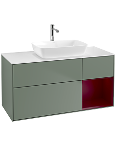 Villeroy und Boch Finion Waschtischunterschrank F831HBGM 120cm, Abdeckplatte white matt, Regale Peony matt lacquer, Olive Matt Lacquer