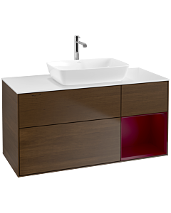 Villeroy und Boch Finion Waschtischunterschrank F831HBGN 120cm, Abdeckplatte white matt, Regale Peony matt lacquer, Walnut veneer