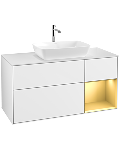 Villeroy und Boch Finion Waschtischunterschrank F831HFGF 120cm, Abdeckplatte white matt, Regale Gold matt lacquer, Glossy white lacquer