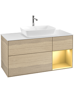 Villeroy und Boch Finion Waschtischunterschrank F831HFPC 120cm, Abdeckplatte white matt, Regale Gold matt lacquer, Oak Veneer