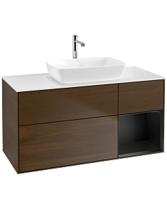 Villeroy und Boch Finion Waschtischunterschrank F831PDGN 120cm, Abdeckplatte white matt, Regale Black matt lacquer, Walnut veneer