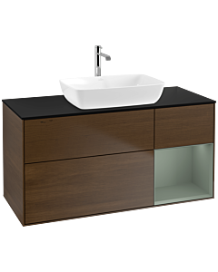 Villeroy und Boch Finion Waschtischunterschrank F832GMGN 120cm, Abdeckplatte black matt, Regale Olive matt lacquer, Walnut veneer