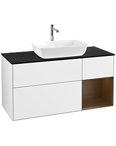 Villeroy und Boch Finion Waschtischunterschrank F832GNGF 120cm, Abdeckplatte black matt, Regale Walnut Veneer, Glossy white lacquer