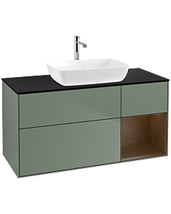 Villeroy und Boch Finion Waschtischunterschrank F832GNGM 120cm, Abdeckplatte black matt, Regale Walnut Veneer, Olive Matt Lacquer
