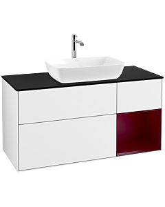 Villeroy und Boch Finion Waschtischunterschrank F832HBGF 120cm, Abdeckplatte black matt, Regale Peony matt lacquer, Glossy white lacquer