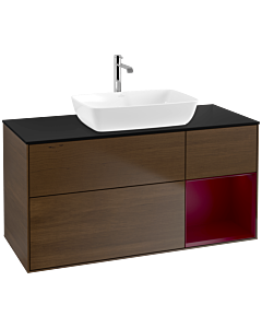 Villeroy und Boch Finion Waschtischunterschrank F832HBGN 120cm, Abdeckplatte black matt, Regale Peony matt lacquer, Walnut veneer