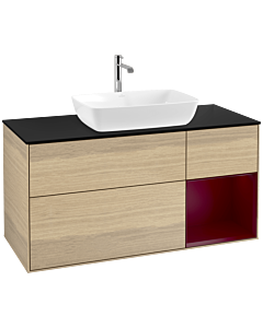 Villeroy und Boch Finion Waschtischunterschrank F832HBPC 120cm, Abdeckplatte black matt, Regale Peony matt lacquer, Oak Veneer