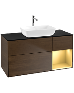 Villeroy und Boch Finion Waschtischunterschrank F832HFGN 120cm, Abdeckplatte black matt, Regale Gold matt lacquer, Walnut veneer