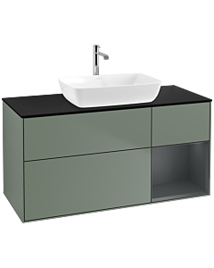 Villeroy und Boch Finion Waschtischunterschrank F832HGGM 120cm, Abdeckplatte black matt, Regale Midnight matt lacquer, Olive Matt Lacquer
