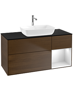 Villeroy und Boch Finion Waschtischunterschrank F832MTGN 120cm, Abdeckplatte black matt, Regale White matt lacquer, Walnut veneer