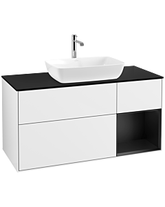 Villeroy und Boch Finion Waschtischunterschrank F832PDGF 120cm, Abdeckplatte black matt, Regale Black matt lacquer, Glossy white lacquer
