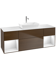 Villeroy und Boch Finion Waschtischunterschrank F861GFGN 160cm, Abdeckplatte white matt, Regale Glossy white lacquer, Walnut veneer