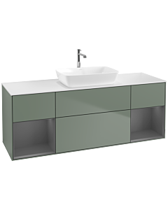 Villeroy und Boch Finion Waschtischunterschrank F861GKGM 160cm, Abdeckplatte white matt, Regale Anthracite matt lacquer, Olive Matt Lacquer