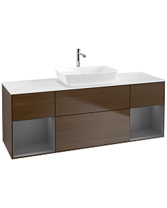 Villeroy und Boch Finion Waschtischunterschrank F861GKGN 160cm, Abdeckplatte white matt, Regale Anthracite matt lacquer, Walnut veneer