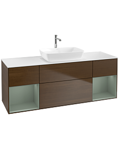 Villeroy und Boch Finion Waschtischunterschrank F861GMGN 160cm, Abdeckplatte white matt, Regale Olive matt lacquer, Walnut veneer
