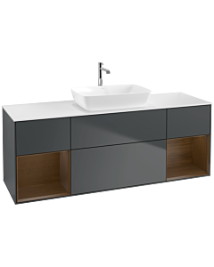 Villeroy und Boch Finion Waschtischunterschrank F861GNHG 160cm, Abdeckplatte white matt, Regale Walnut Veneer, Midnight Blue Matt Lacquer