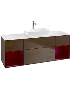 Villeroy und Boch Finion Waschtischunterschrank F861HBGN 160cm, Abdeckplatte white matt, Regale Peony matt lacquer, Walnut veneer