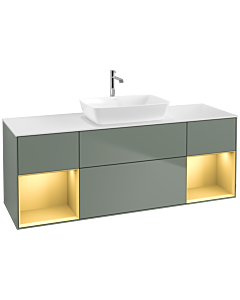 Villeroy und Boch Finion Waschtischunterschrank F861HFGM 160cm, Abdeckplatte white matt, Regale Gold matt lacquer, Olive Matt Lacquer