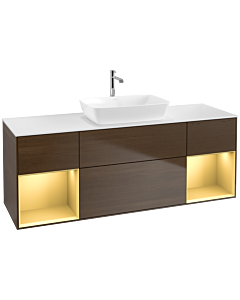 Villeroy und Boch Finion Waschtischunterschrank F861HFGN 160cm, Abdeckplatte white matt, Regale Gold matt lacquer, Walnut veneer