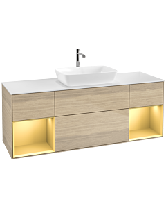 Villeroy und Boch Finion Villeroy und Boch F861HFPC 160cm, plaque de finition blanc mat, étagères laqué or mat, Oak Veneer