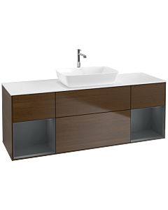 Villeroy und Boch Finion Waschtischunterschrank F861HGGN 160cm, Abdeckplatte white matt, Regale Midnight matt lacquer, Walnut veneer