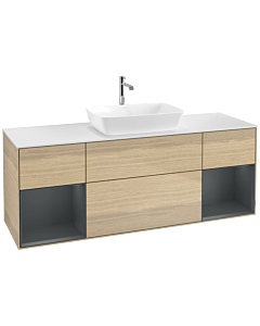 Villeroy und Boch Finion Waschtischunterschrank F861HGPC 160cm, Abdeckplatte white matt, Regale Midnight matt lacquer, Oak Veneer