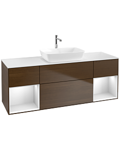 Villeroy und Boch Finion Waschtischunterschrank F861MTGN 160cm, Abdeckplatte white matt, Regale White matt lacquer, Walnut veneer
