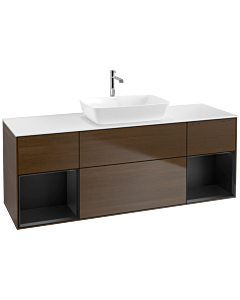 Villeroy und Boch Finion Waschtischunterschrank F861PDGN 160cm, Abdeckplatte white matt, Regale Black matt lacquer, Walnut veneer