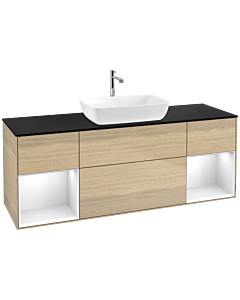 Villeroy und Boch Finion Waschtischunterschrank F862GFPC 160cm, Abdeckplatte black matt, Regale Glossy white lacquer, Oak Veneer