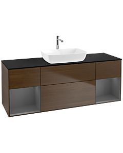 Villeroy und Boch Finion Waschtischunterschrank F862GKGN 160cm, Abdeckplatte black matt, Regale Anthracite matt lacquer, Walnut veneer